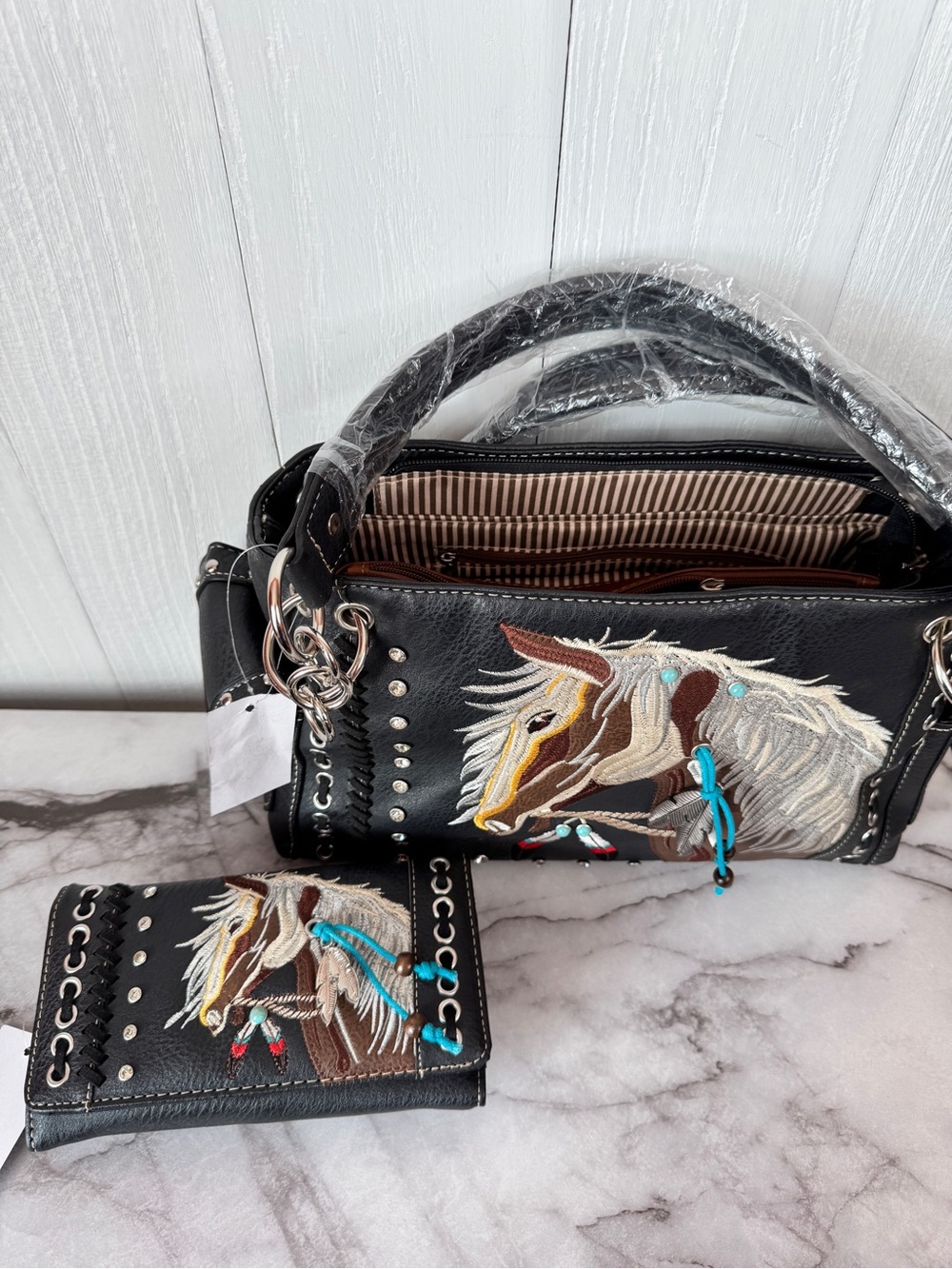 Black Embroidered Horse Satchel and Wallet Set